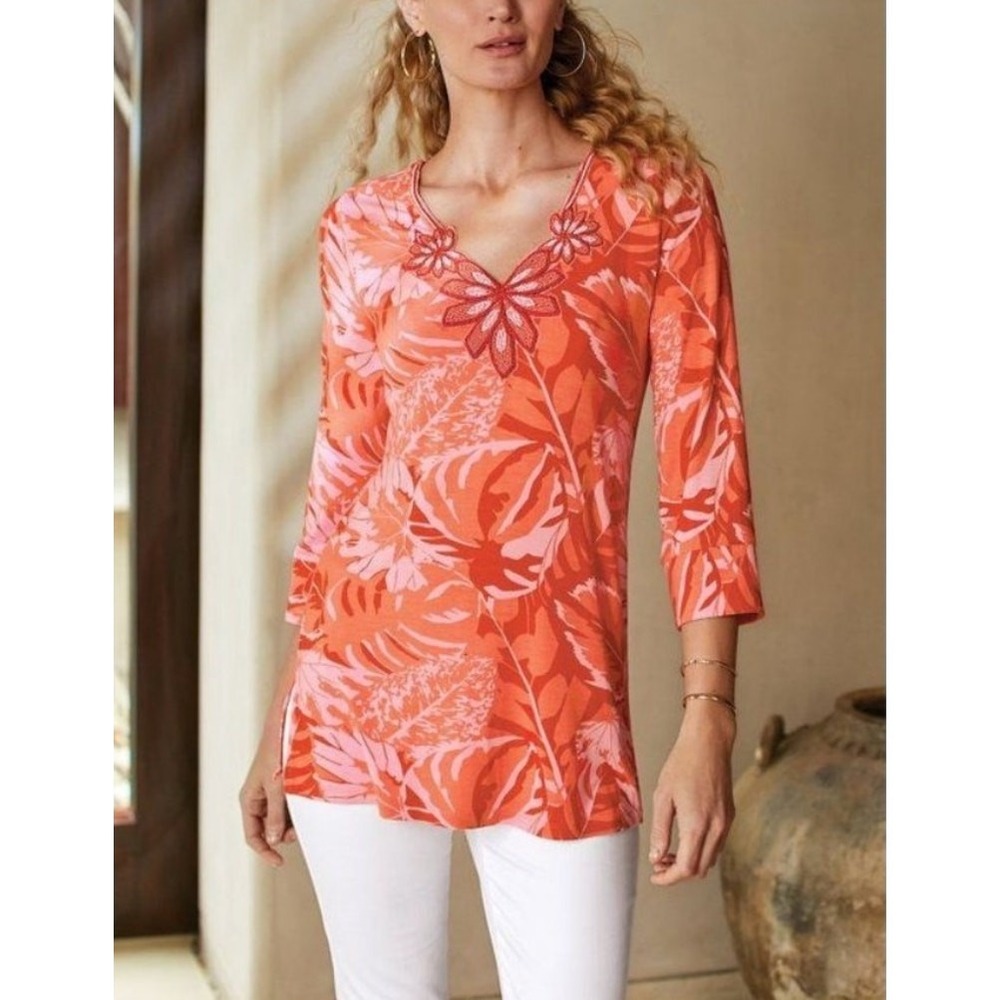 Soft Surroundings Del Rio Orange Pink Tropical Beaded V-Neck Tunic Top Medium